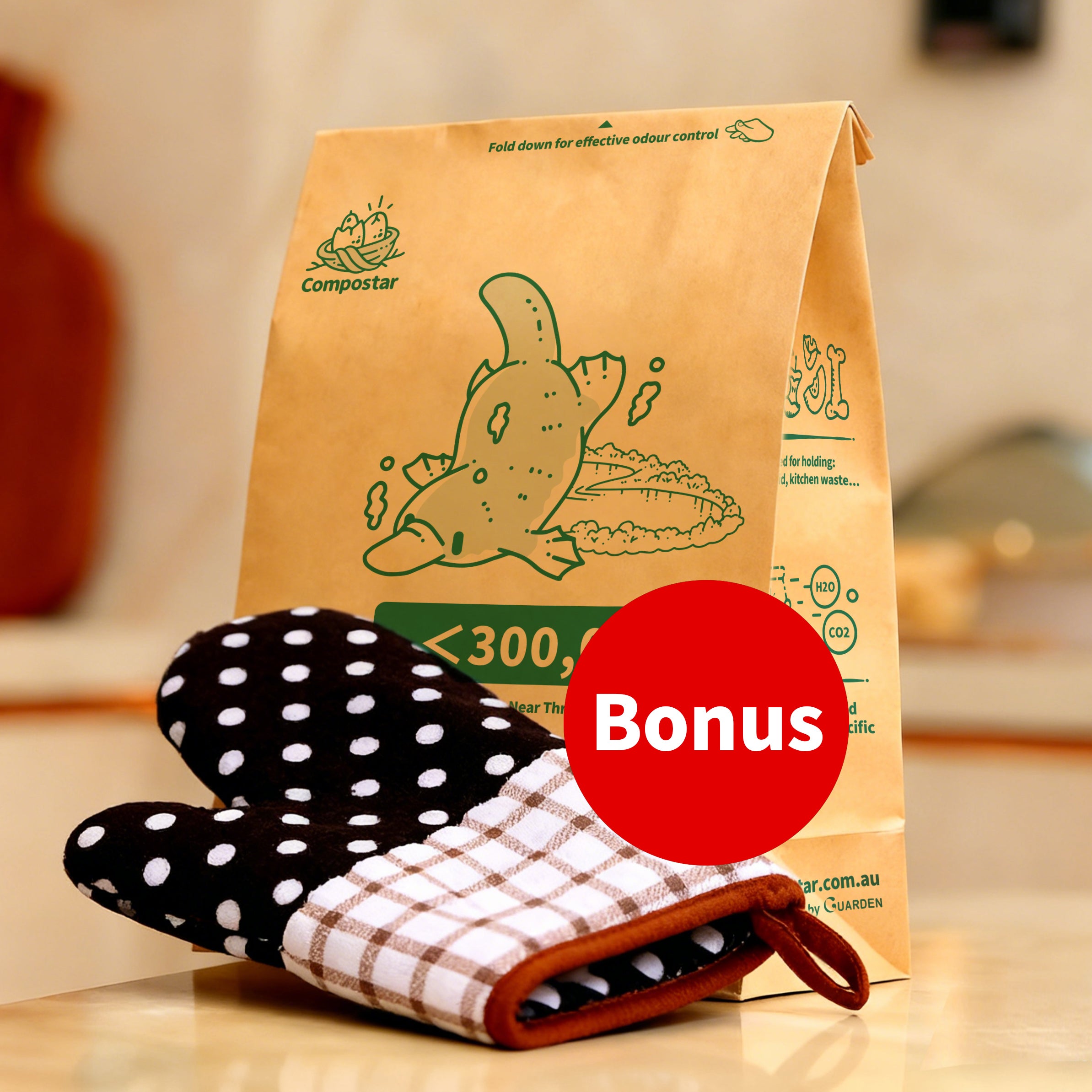 Self-standing compostable paper bag on kitchen benchtop - no bin needed reinforced base