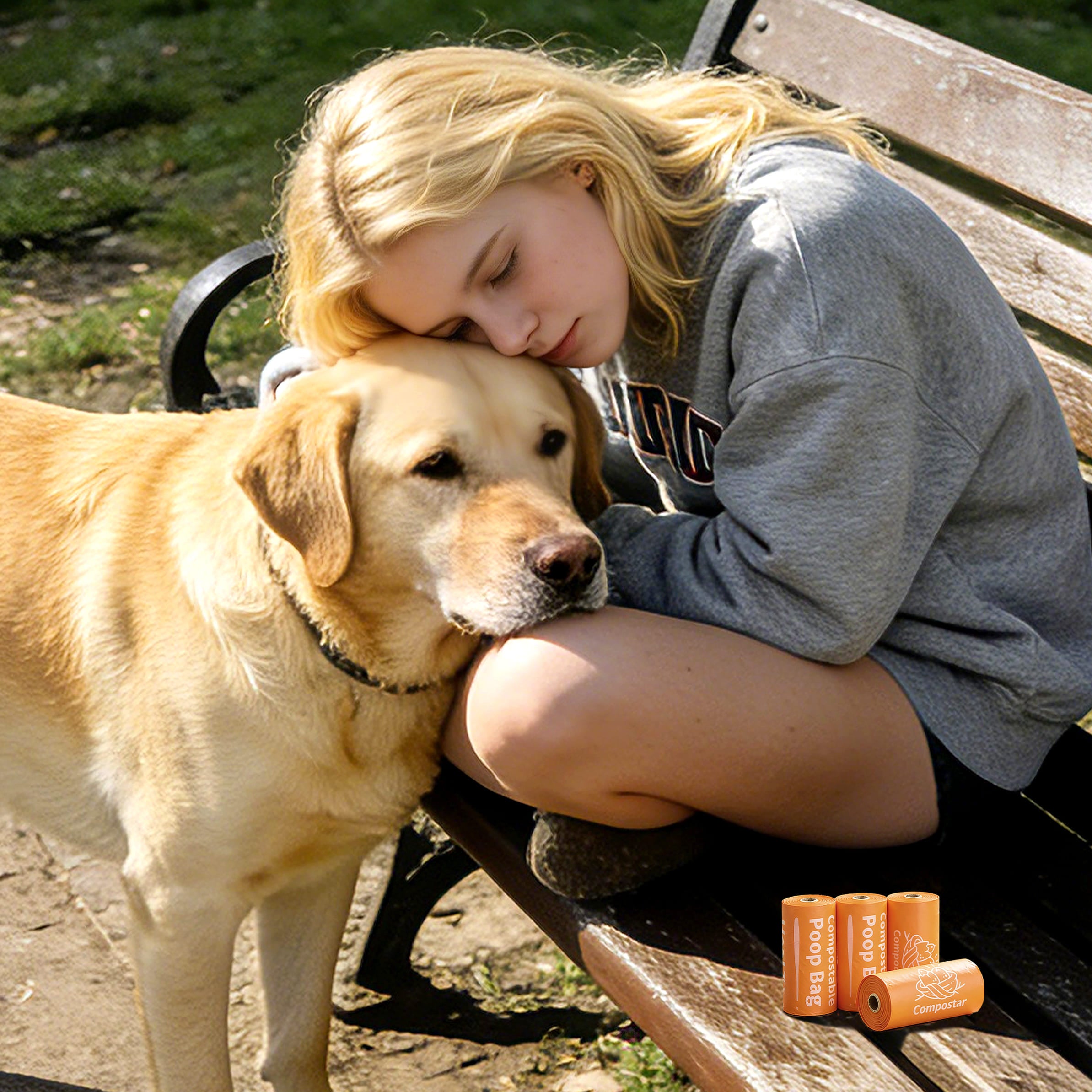 Dog sitting on grass with a roll of Leak-Proof eco bin bags attached to leash dispenser. These Eco Friendly Bin Liners act as portable FOGO Bin Liners, suitable for Green bin bags Council disposal and Organics Bin Liners for council bins systems.