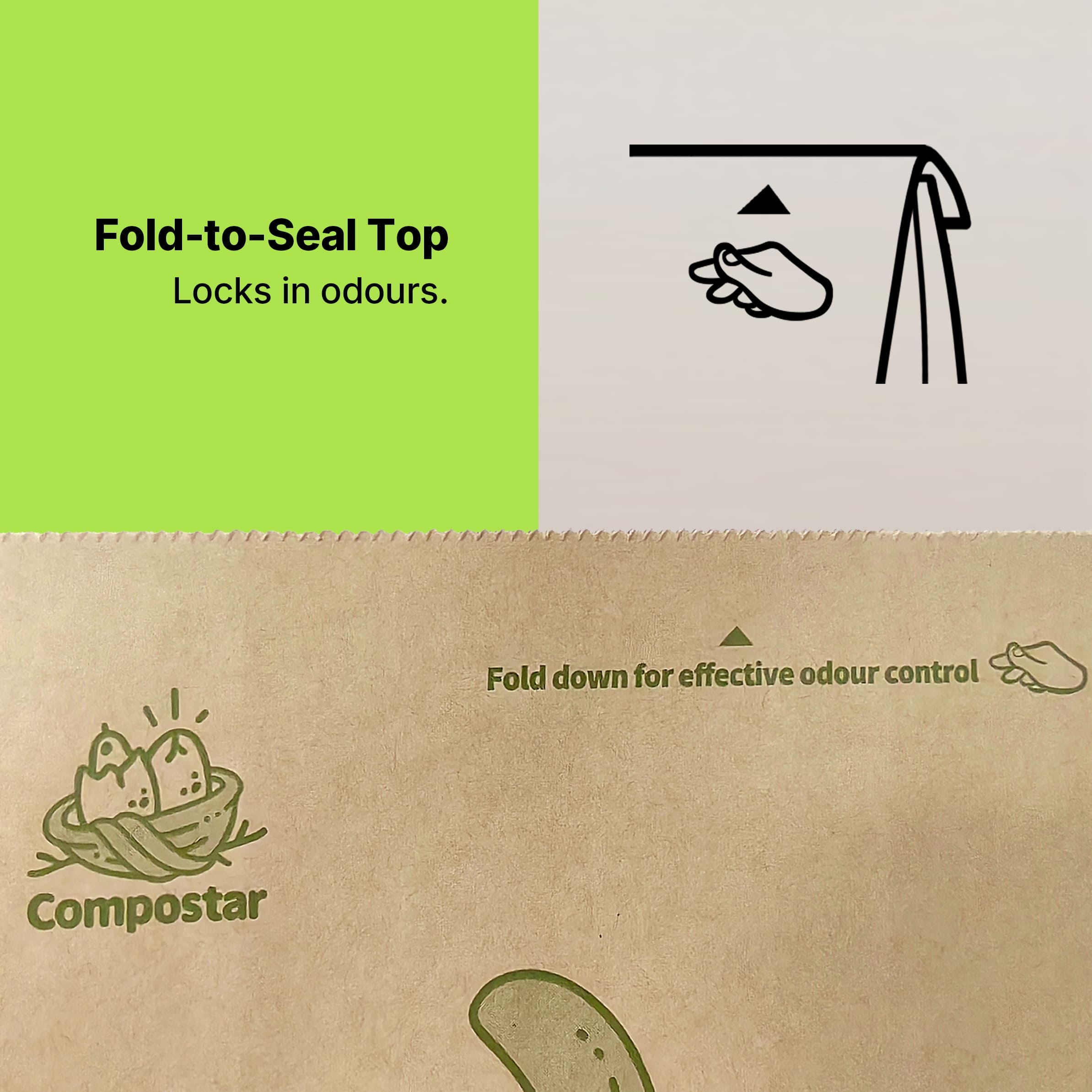 Fold-to-seal technology on compostable paper bags to lock in odors and bin juice