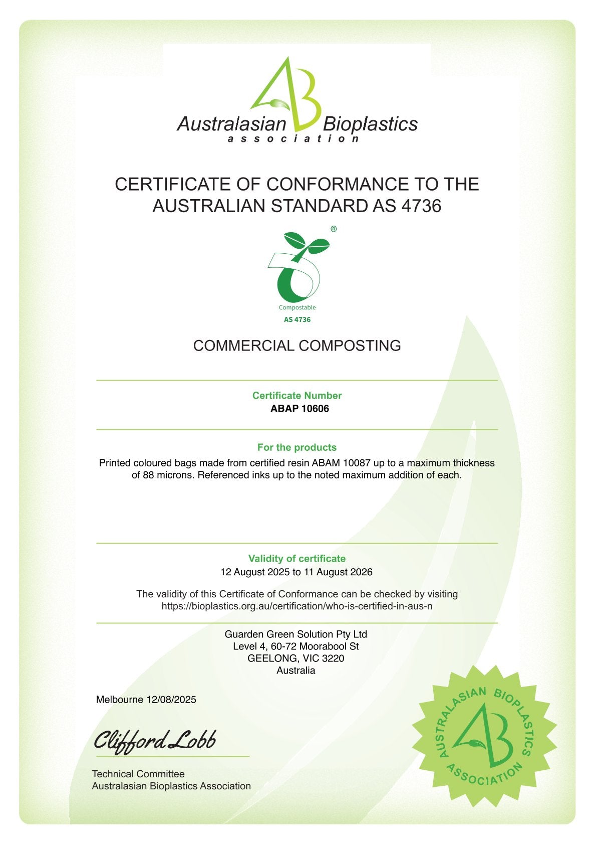 Certified AS 4736 Green bin bags Council approved for FOGO collection.