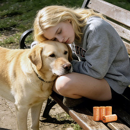 Golden Retriever with home compostable pet waste bags - eco-friendly pet care