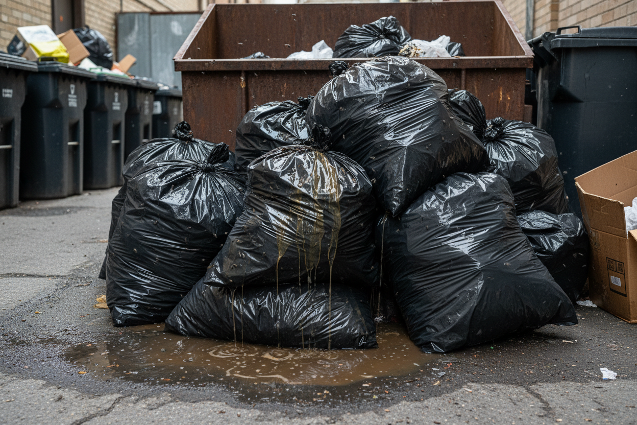 Pile of impermeable plastic garbage bags trapping moisture and leaking organic leachate, demonstrating the cause of anaerobic rot and odor.