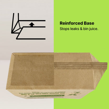 Reinforced base on robust compostable paper liners to stop bin juice