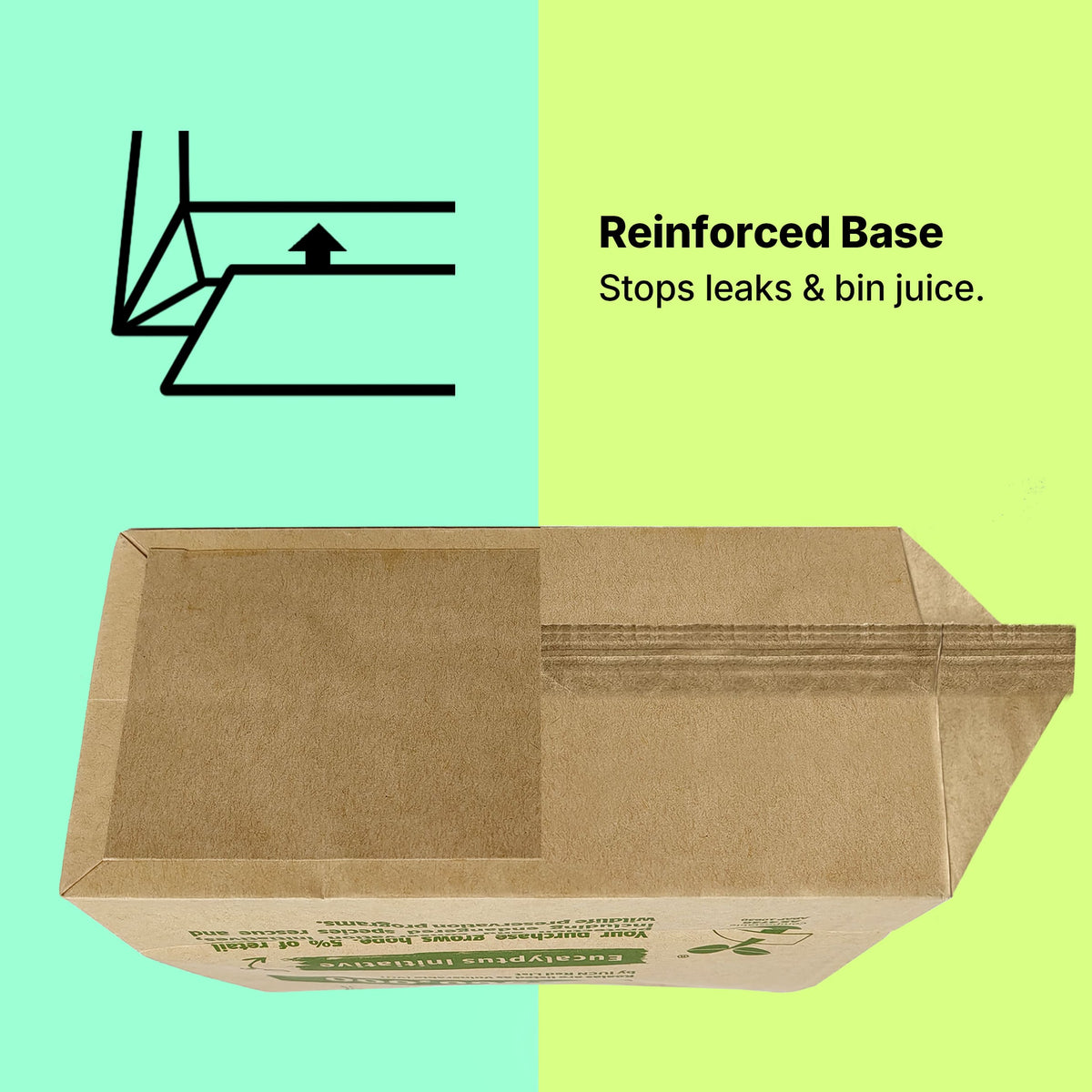 Reinforced base on robust compostable paper liners to stop bin juice