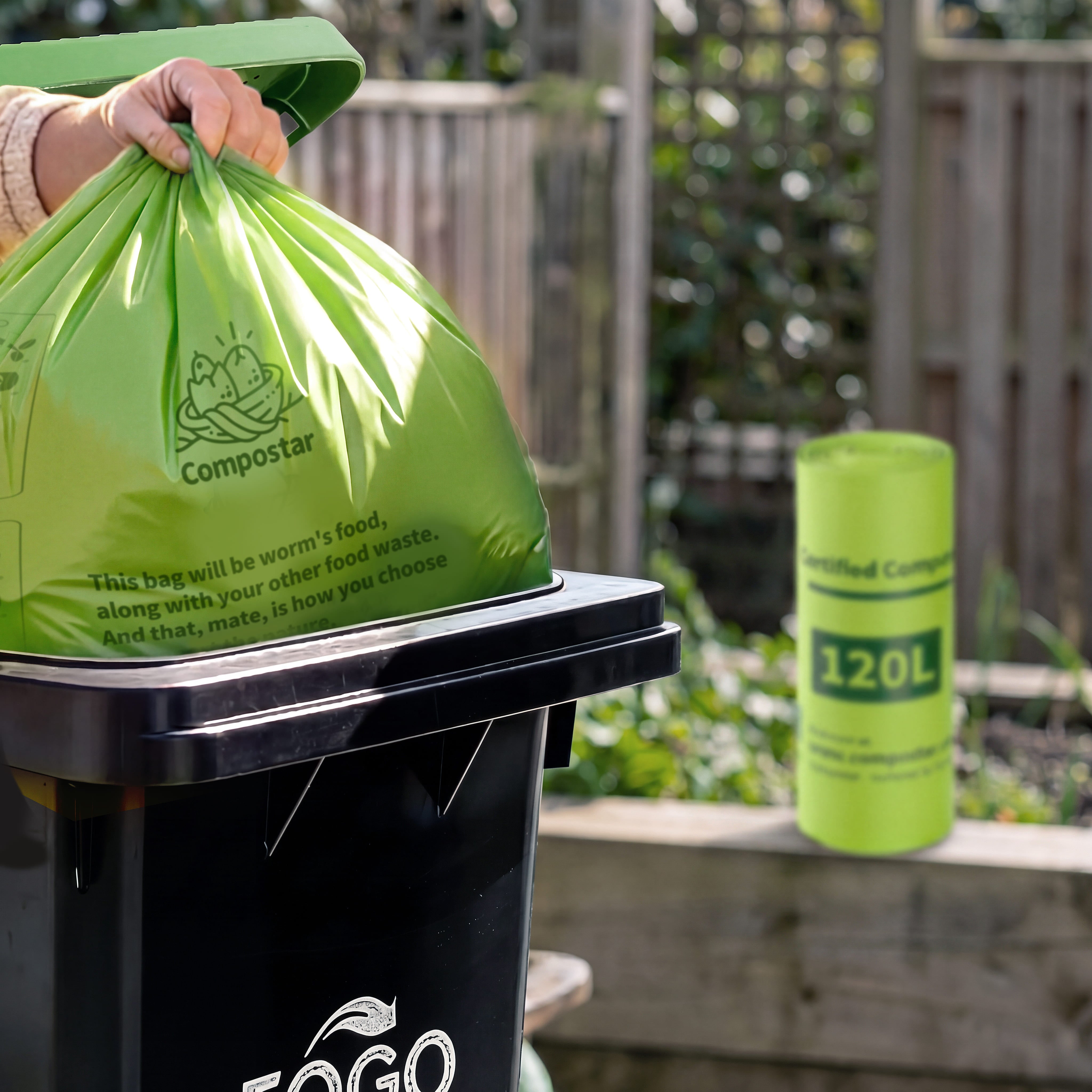 Robust 120L compostable wheelie bin liners for large council FOGO green bins
