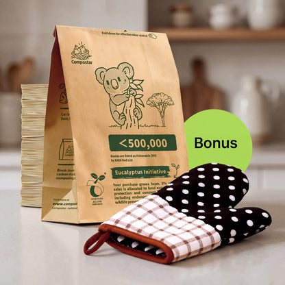 Robust 120-pack compostable paper FOGO bags with bonus kitchen oven mitts