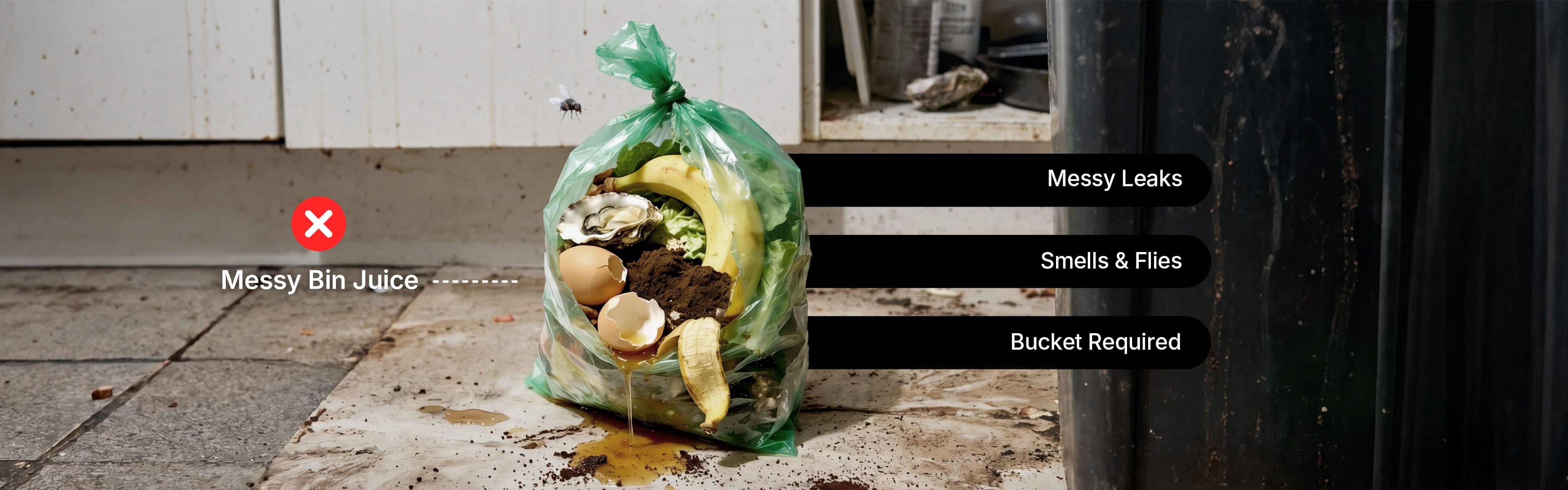 Comparison showing a robust compostable paper liner vs a traditional messy plastic bag