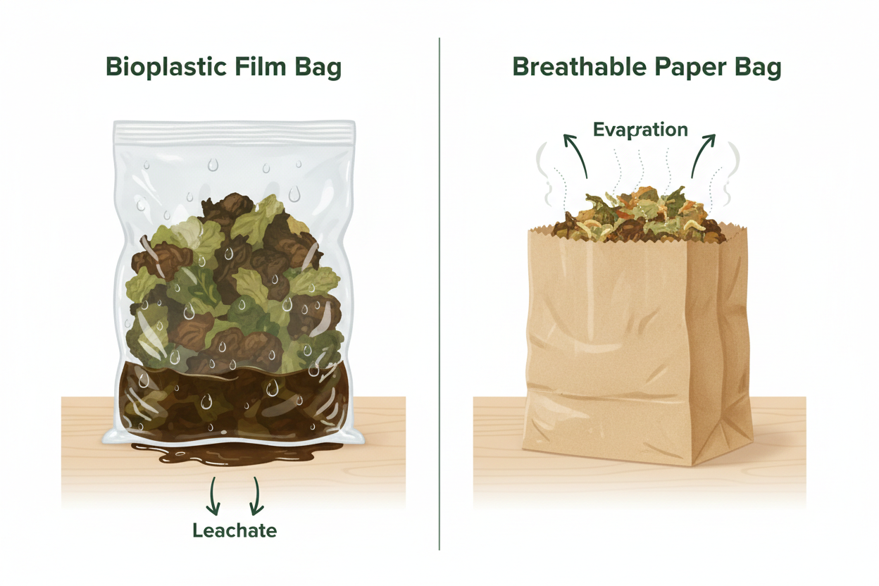 Side-by-side comparison of food waste collected in an impermeable bioplastic bag vs. a breathable paper bag, illustrating leachate pooling vs. moisture evaporation.