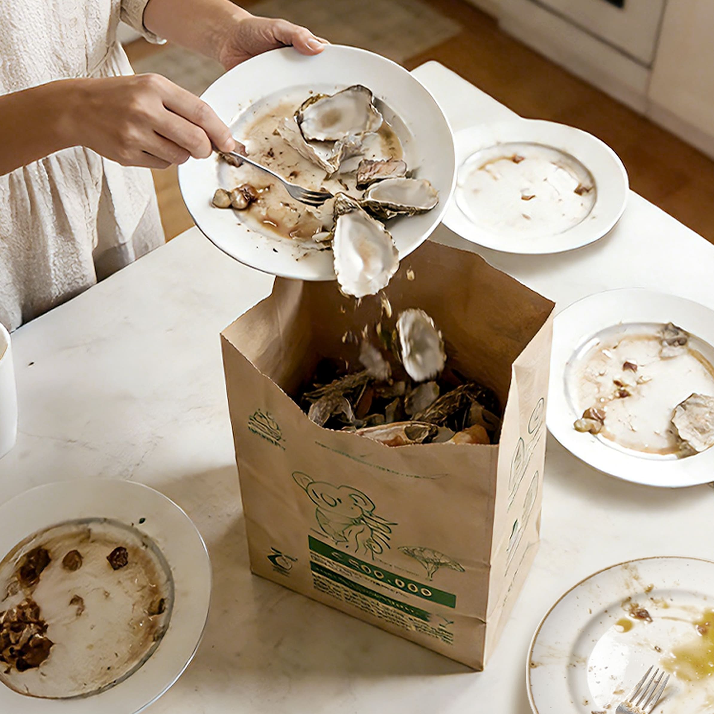 Small compostable paper food scrap bags for messy kitchen waste and FOGO bins