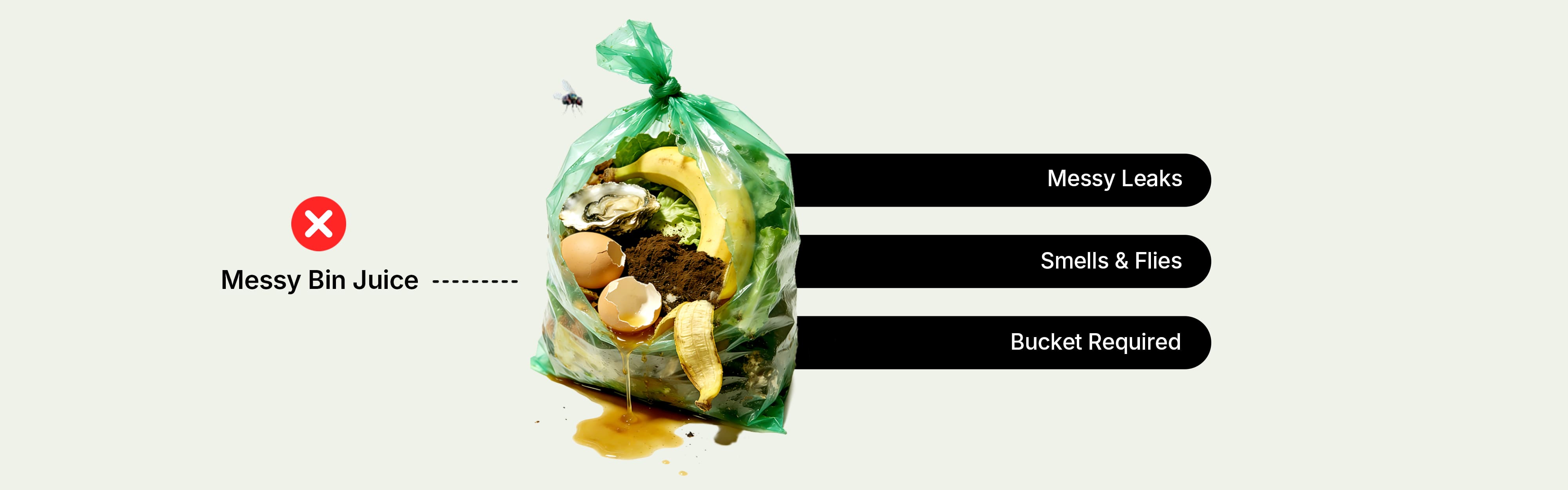 Messy non-breathable bioplastic bin liners leaking food waste in a FOGO caddy causing odors and condensation.