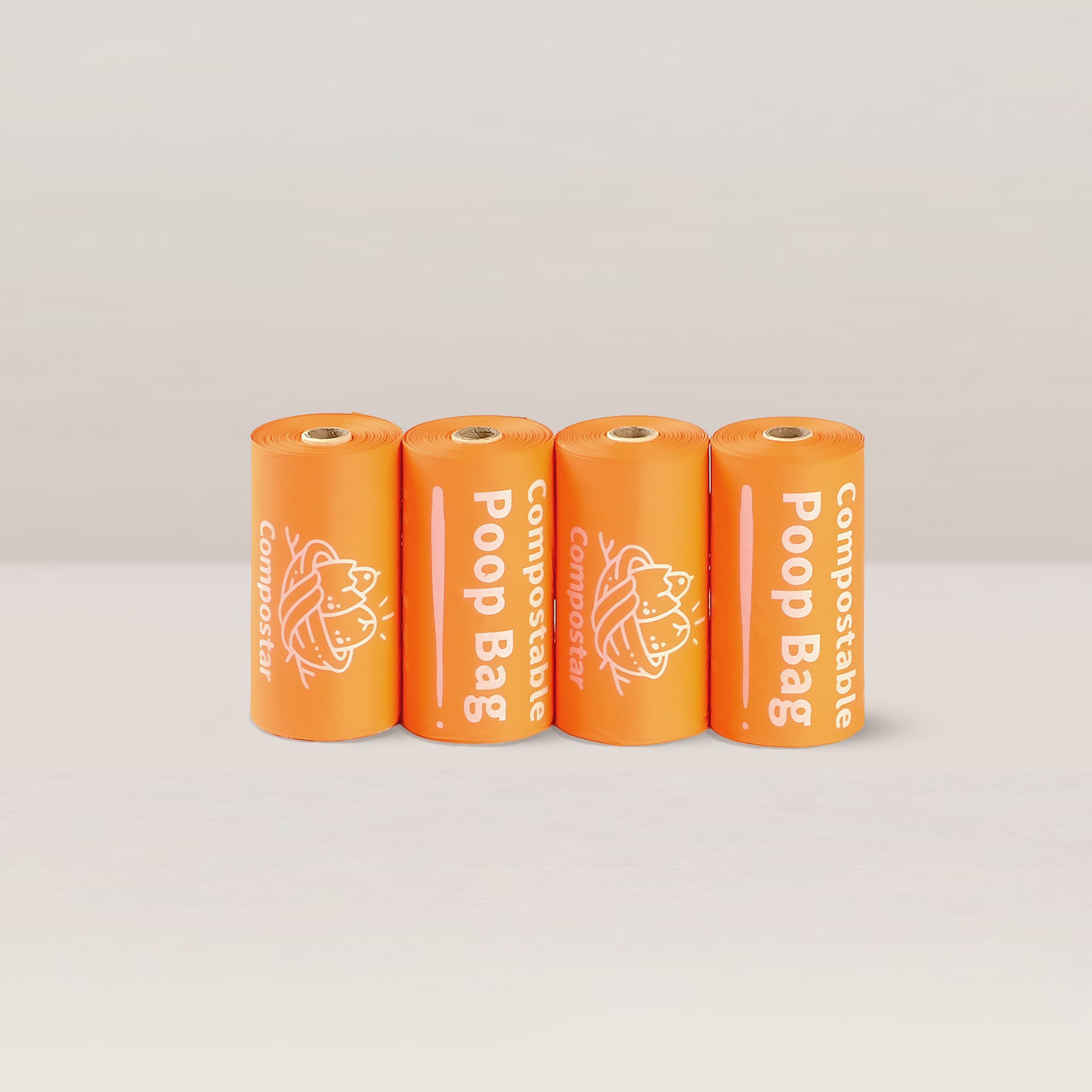 Four rolls of strong and leak-proof compostable dog waste bags in bright orange